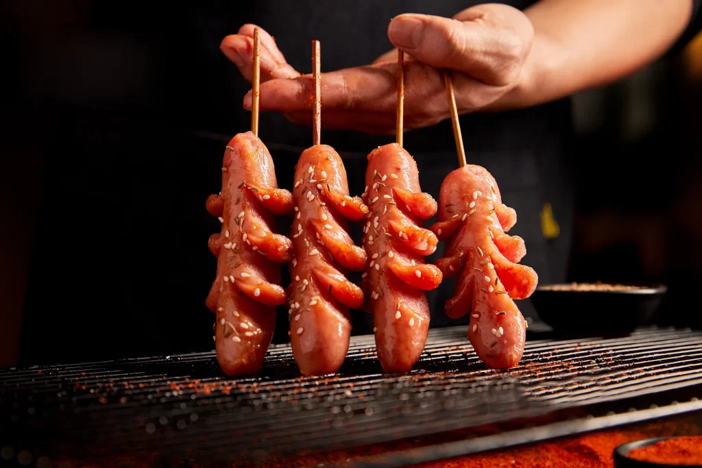 Grilled Sausage Skewers Sesame Seeds Charred