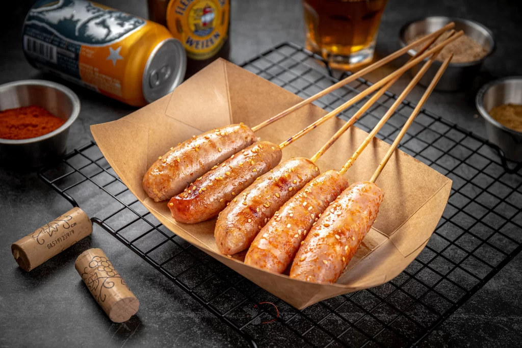 Grilled Sausage Skewers Sesame Seeds Golden Brown