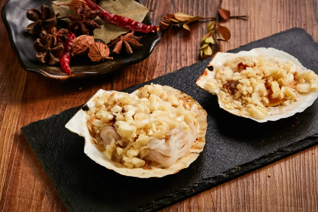Grilled Scallop with Garlic Rice Golden Crust Black Slate