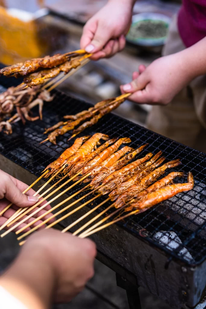 Grilled Shrimp Skewers Charred Golden Brown Close Up