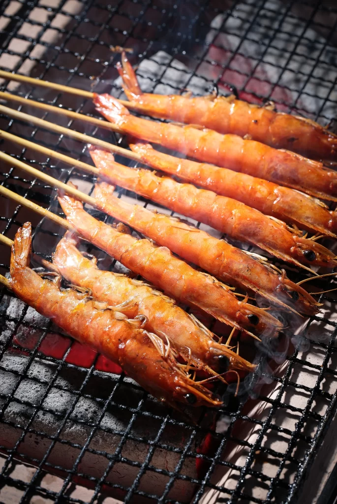 Grilled Shrimp Skewers Charred Shell Golden Brown
