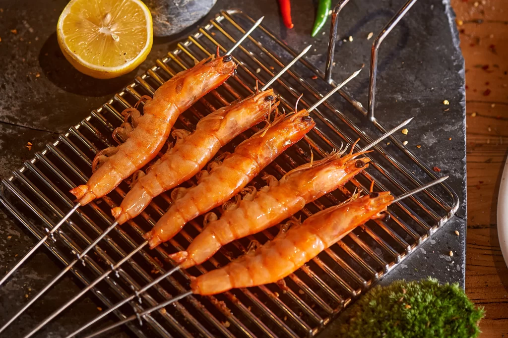 Grilled Shrimp Skewers Golden Brown Lemon Garnish