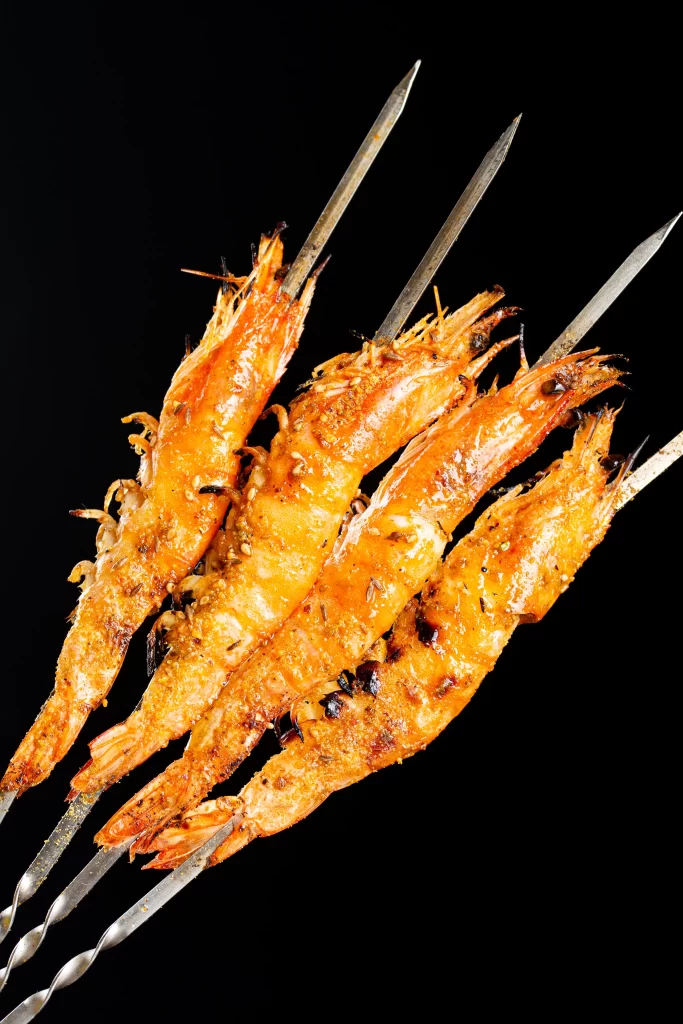 Grilled Shrimp Skewers Golden Brown Spices Close Up