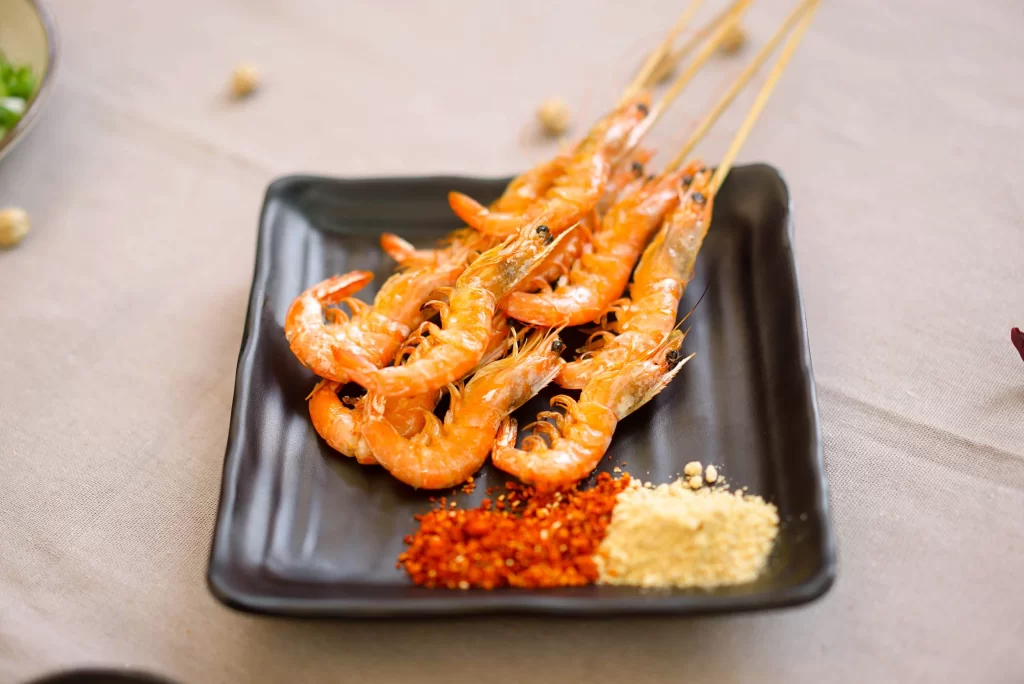 Grilled Shrimp Skewers Spicy Chili Powder Golden Crust