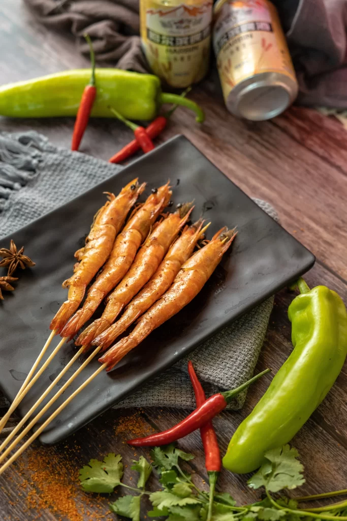 Grilled Shrimp Skewers Spicy Sauce Golden Brown Plated
