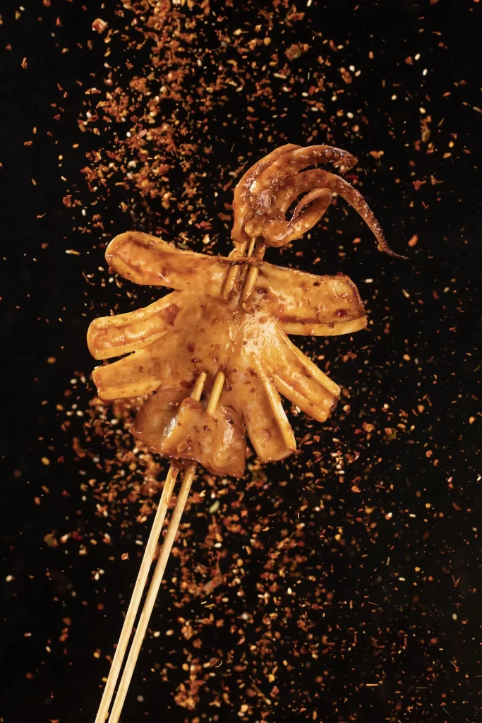 Grilled Squid Skewer Spicy Sauce Charred Tentacles