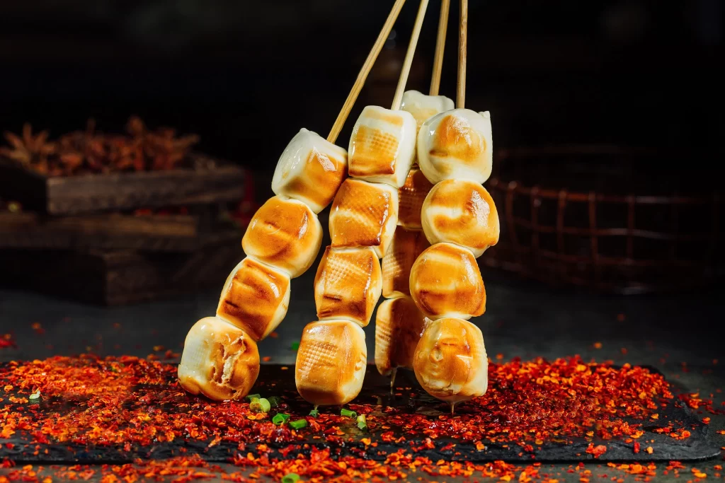 Grilled Tofu Skewers Crispy Golden Brown Chili Flakes Garnish