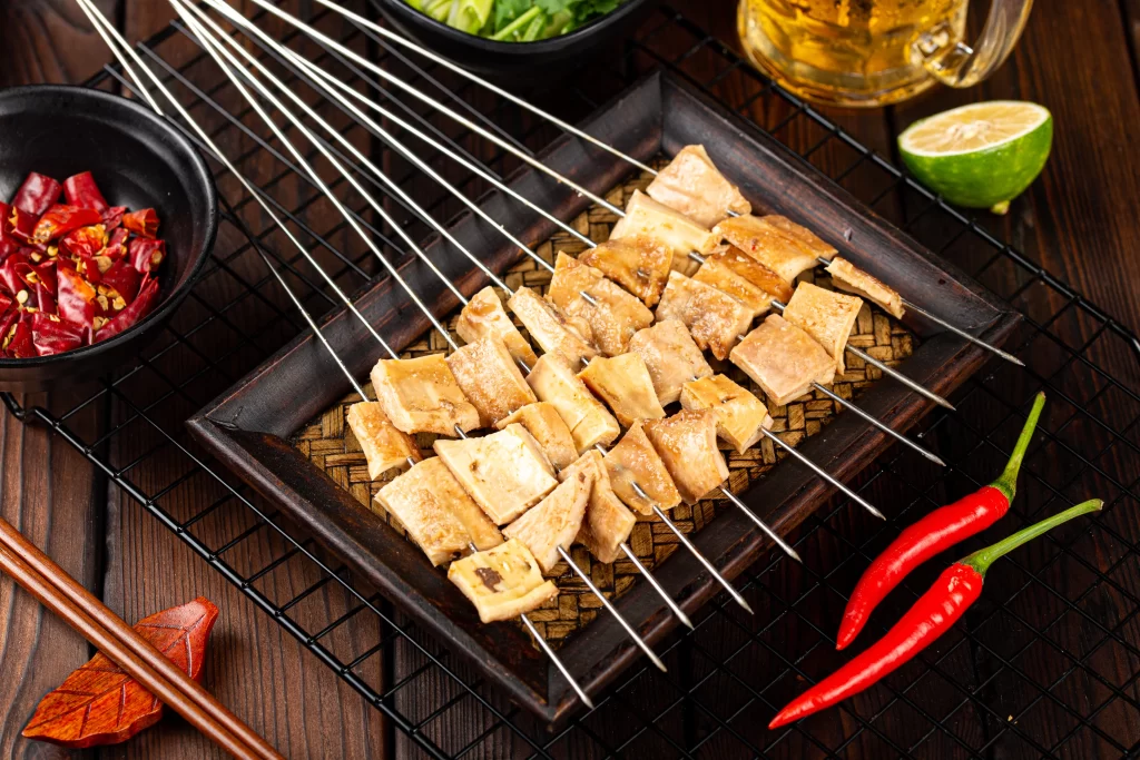Grilled Tofu Skewers Golden Brown Fresh Herbs