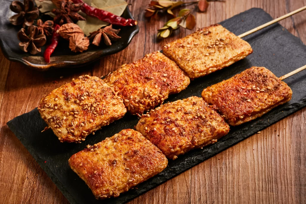 Grilled Tofu Skewers Spicy Sauce Sesame Seeds Black Slate