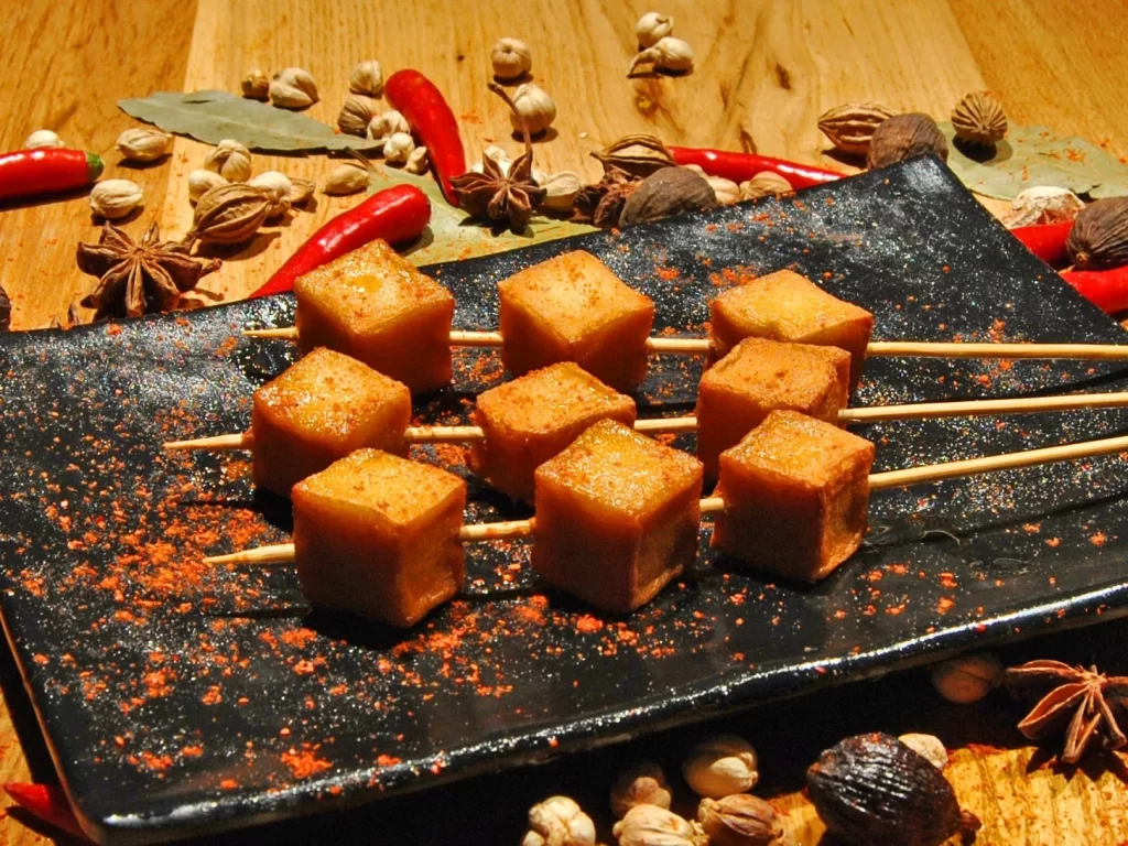 Grilled Tofu Skewers Spicy Seasoning Black Plate