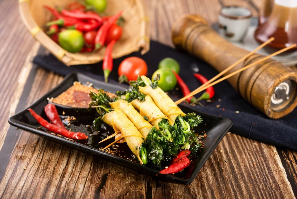 Grilled Vegetables Fresh Greens Red Chili Black Plate