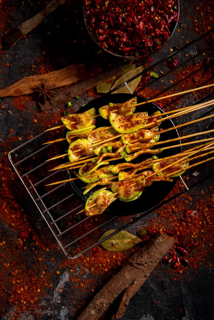 Grilled Zucchini Skewers Spicy Sauce Charred Edges