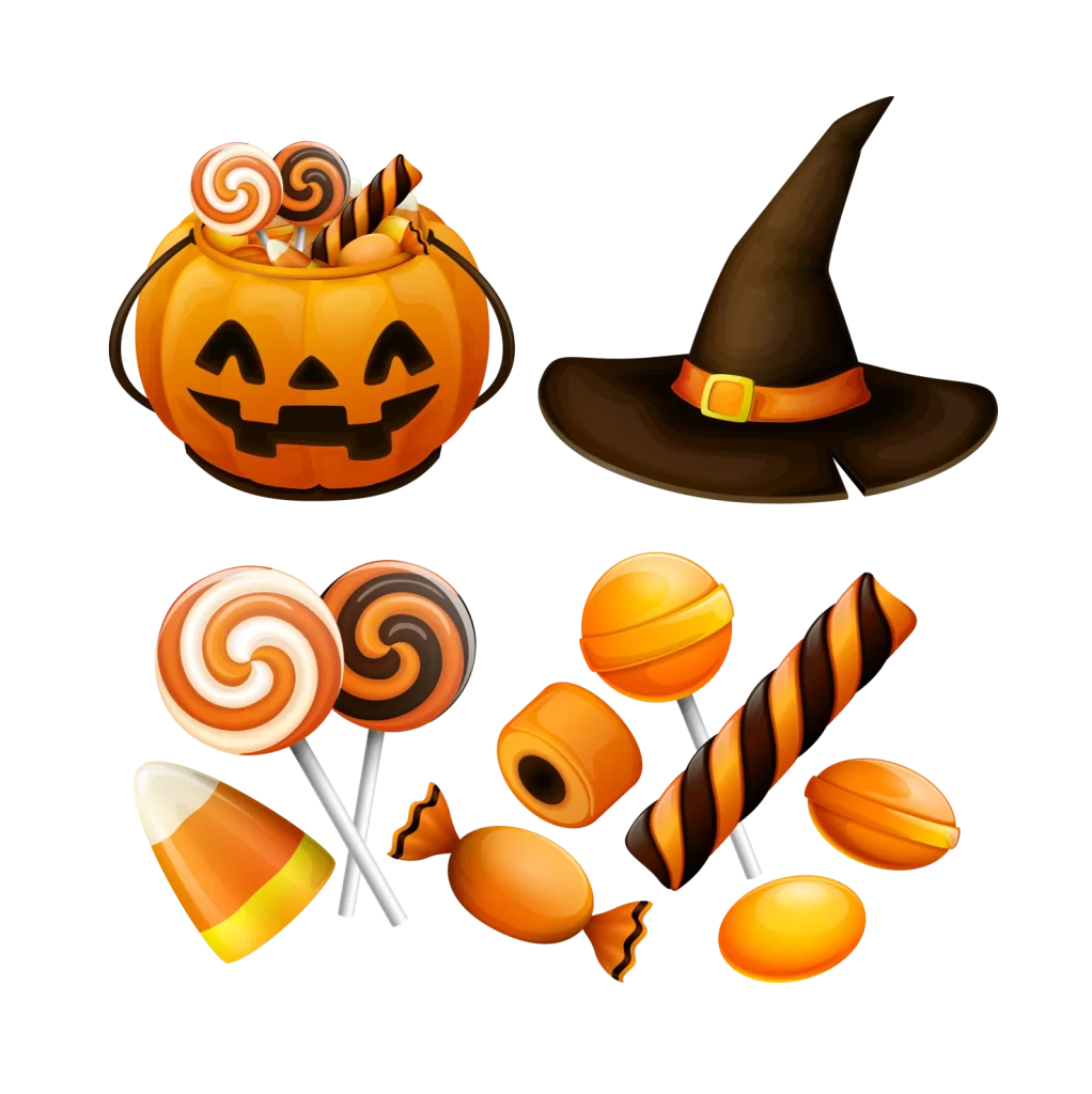 Halloween Candy Bucket Witch Hat Orange Black Swirl Lollipop Candy Corn