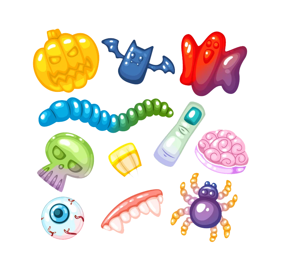 Halloween Themed Gummy Candy Bright Colors Pumpkin Bat Ghost Worm Skull Brain Eyeball Teeth Spider