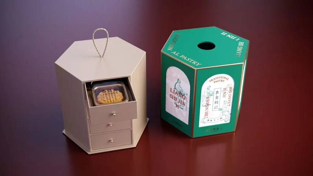 Hexagonal Box Pastries Green Gold Traditional Design