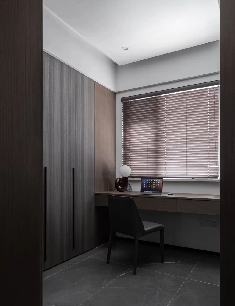 Home Office Modern Dark Wood Neutral Tones Minimalist