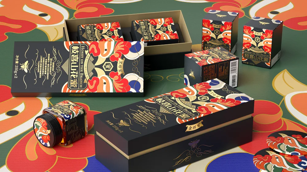 Honey Jar Black Red Gold Traditional Packaging Design