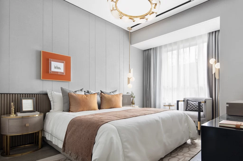 Hotel Bedroom Neutral Gray White Warm Accents Modern