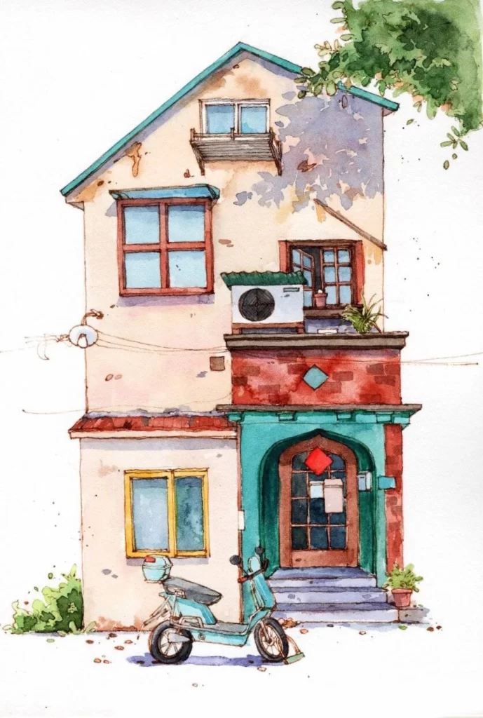 House Watercolor Motorcycle Windows Door Mateusz Urbanowicz