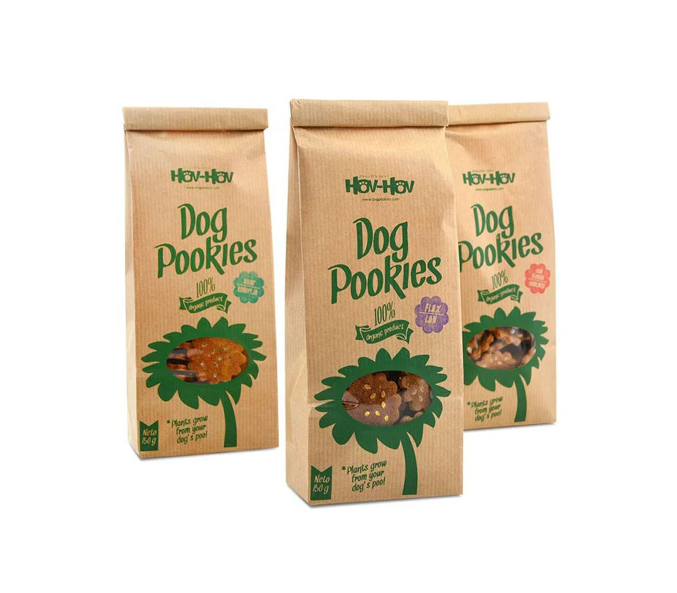 How-How Dog Pookies Organic Product Brown Bag Illustration Green