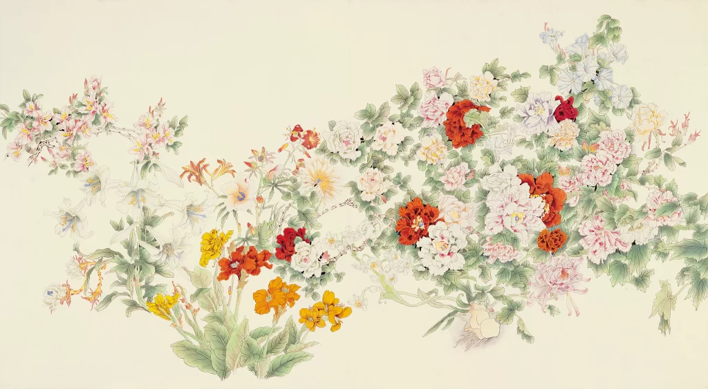 Hundred Flowers Chinese Line Drawing Botanical Art