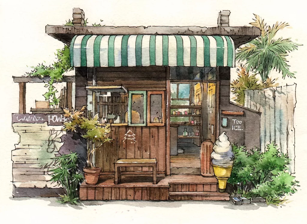 Ice Cream Shop Wooden Structure Greenery Awning Vintage Mateusz Urbanowicz
