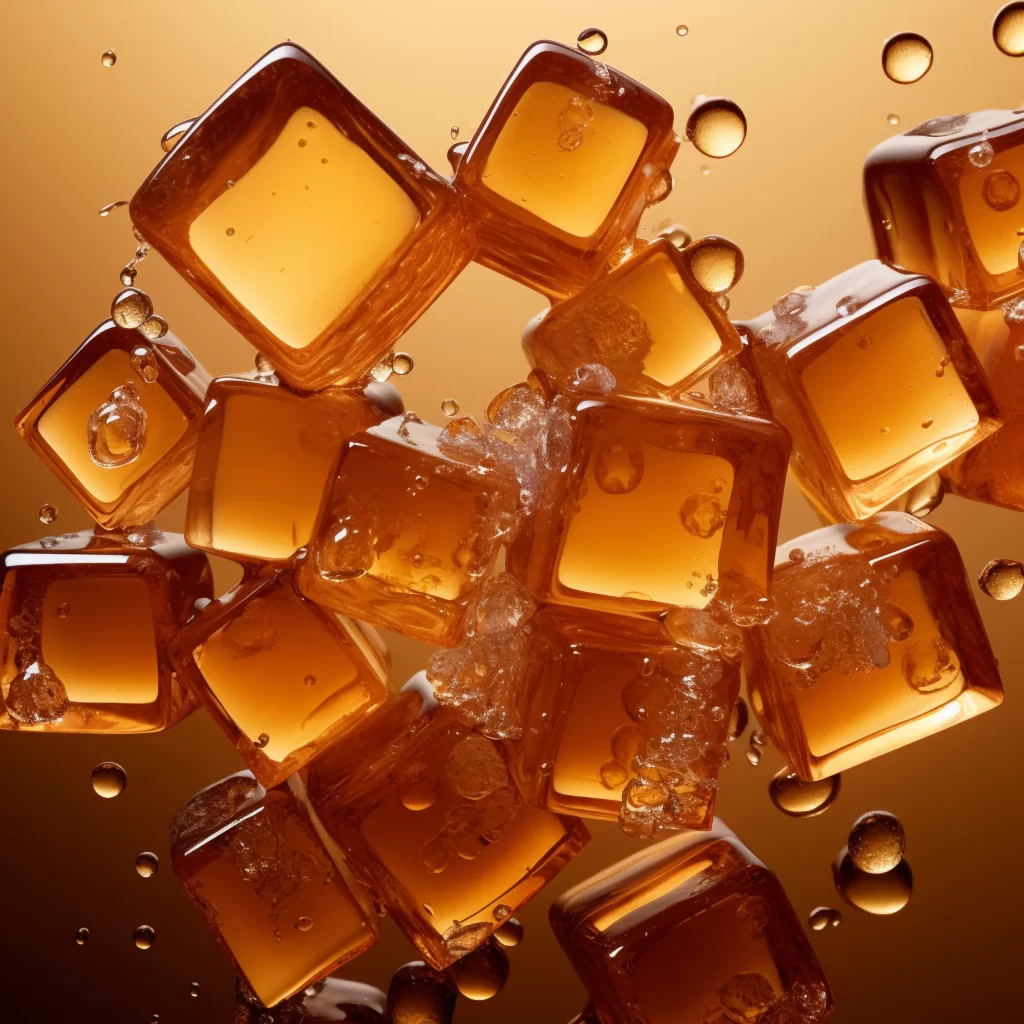 Ice Cubes Amber Liquid Bubbles Floating Transparent