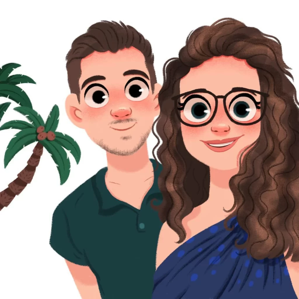 Illustration Couple Tropical Palm Tree Smiling Eleonore Pelluau