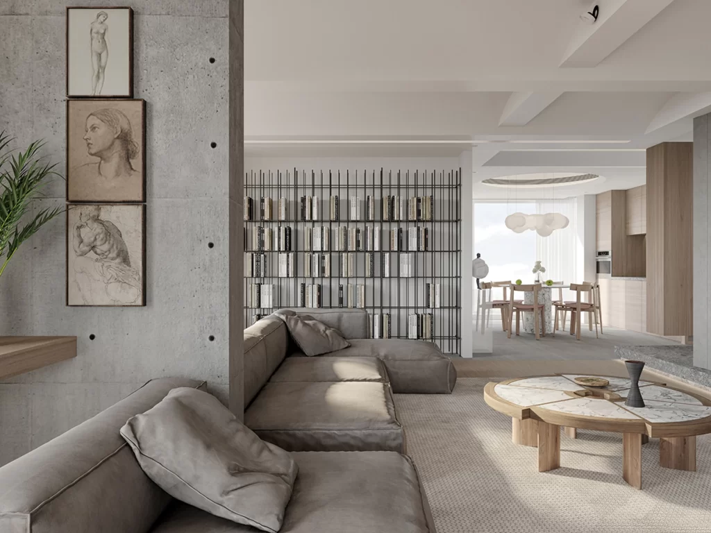 Industrial Chic Living Space Neutral Tones Concrete Texture Open Shelving