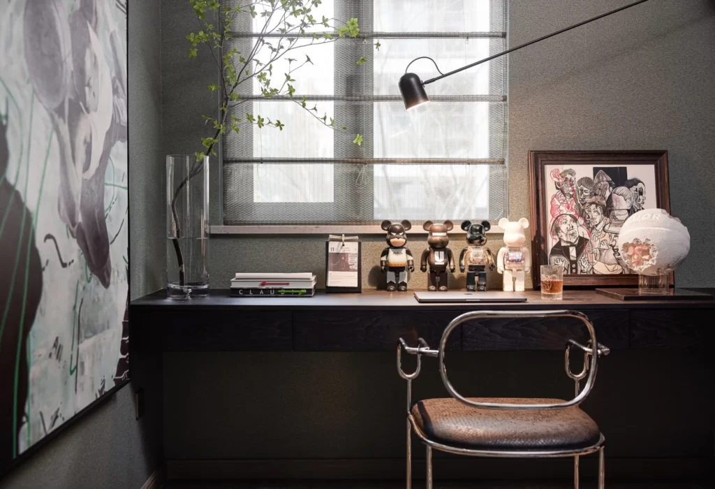 Industrial Chic Office Dark Wood Neutral Tones Artistic Decor