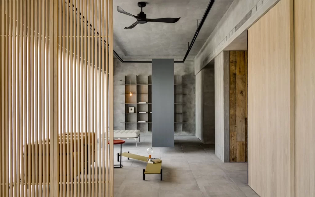 Industrial Loft Neutral Grey Concrete Wood Slatted