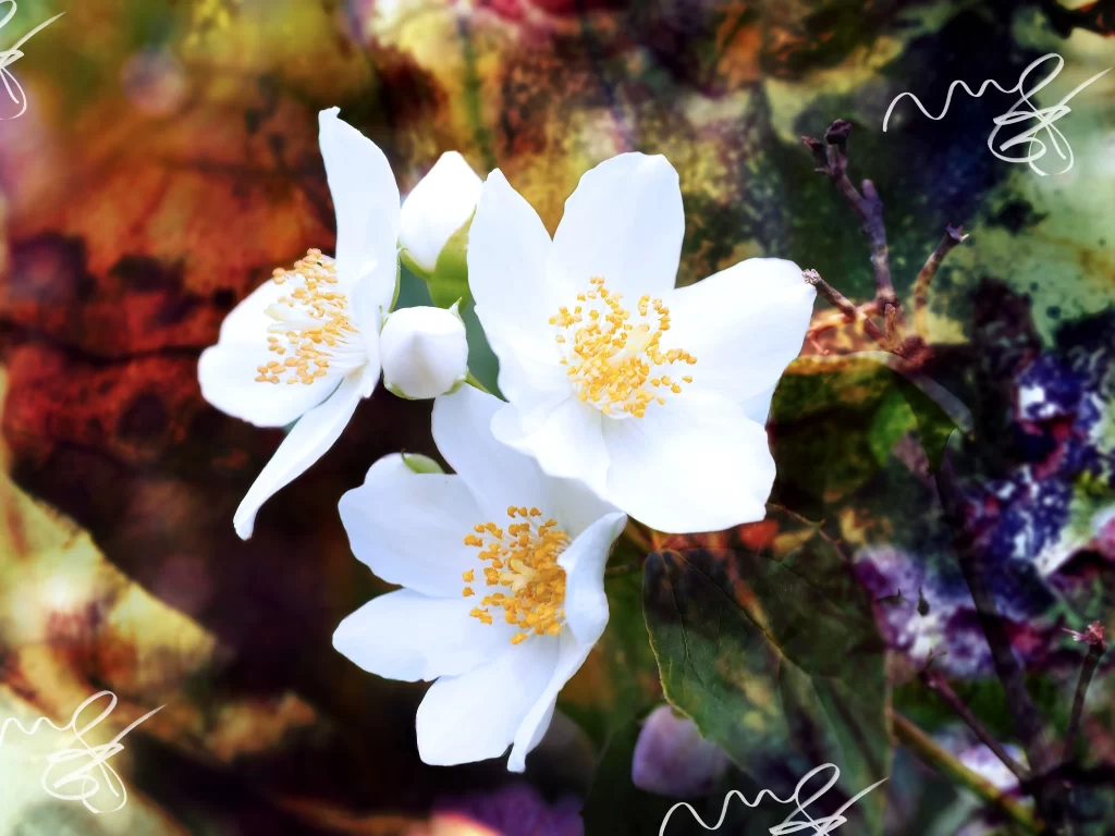 Jasmine White Petals Yellow Stamen Green gray Leaves