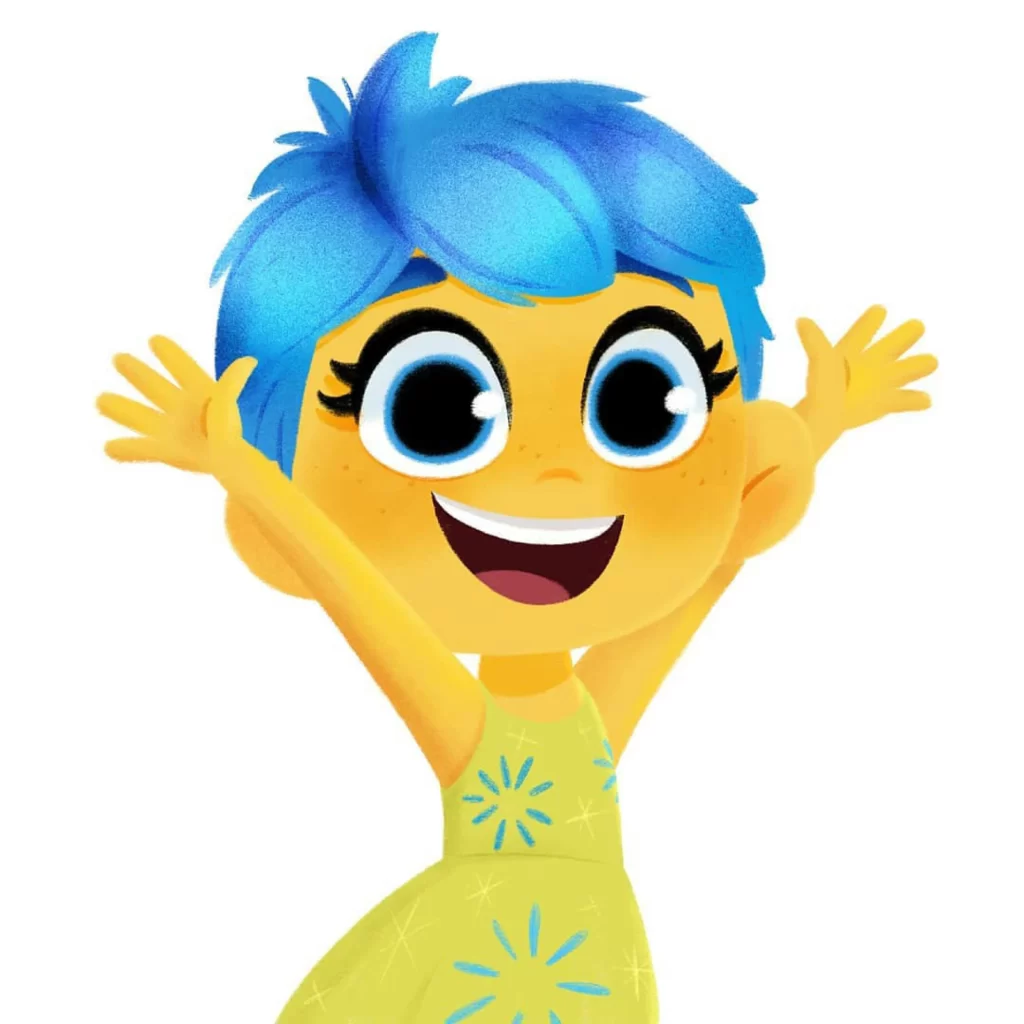 Joyful Character Blue Hair Yellow Dress Sparkles Excited Pose Eleonore Pelluau