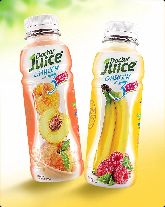 Juice Bottle Fruit Illustration Peach Banana Raspberry Yellow Green Fresh Design