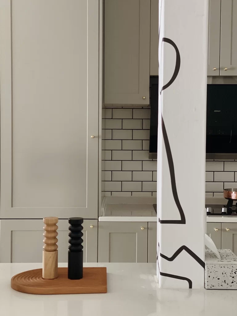 Kitchen Contemporary Neutral Beige Black White Subway Tile