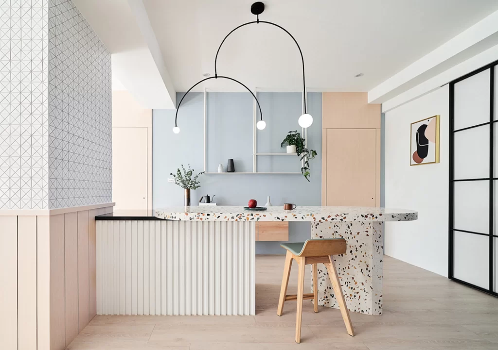 Kitchen Contemporary Pastel Blue White Terrazzo Wood