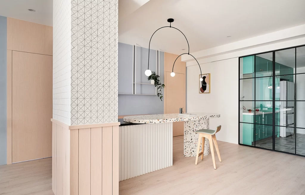 Kitchen Contemporary Pastel Terrazzo Light Wood Glass