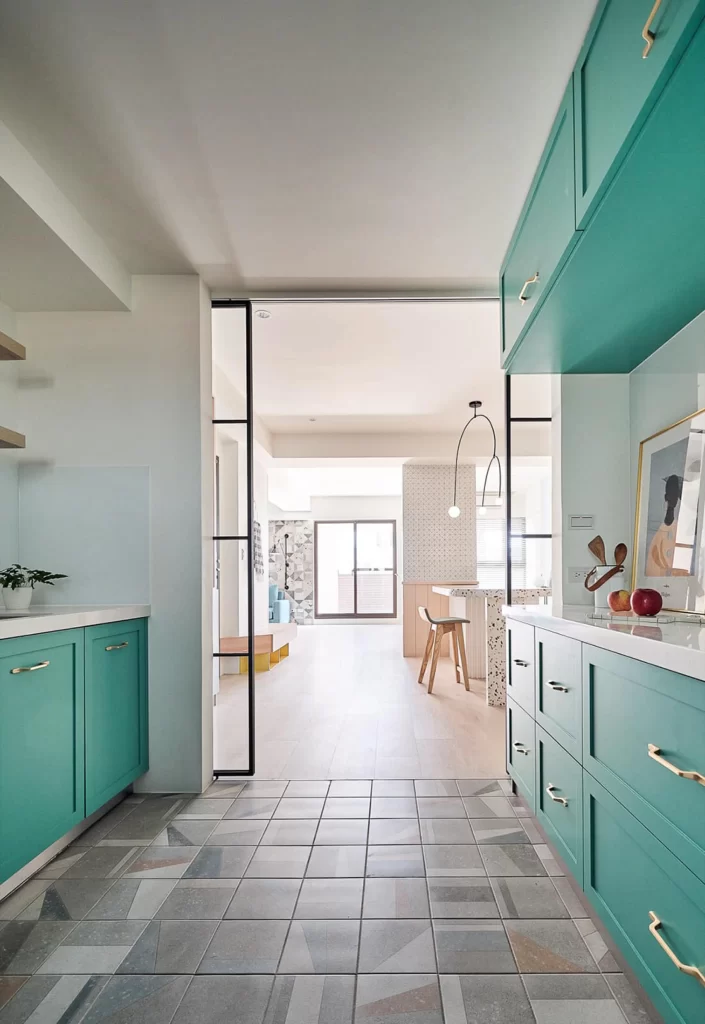 Kitchen Contemporary Teal White Geometric Tiles Open Concept