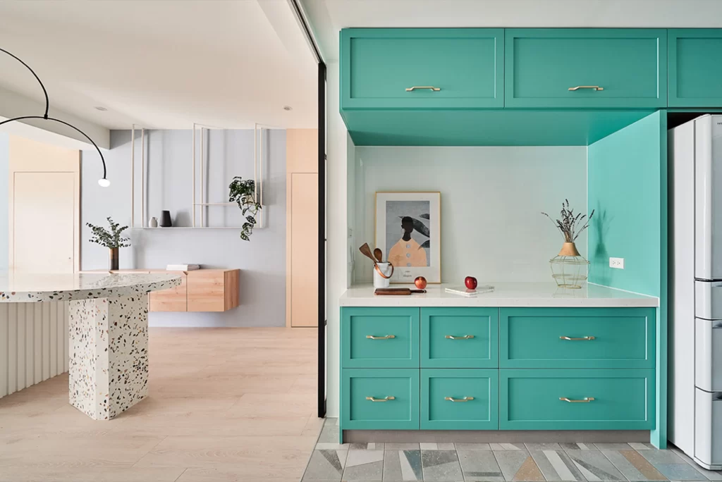 Kitchen Contemporary Teal White Terrazzo Pattern