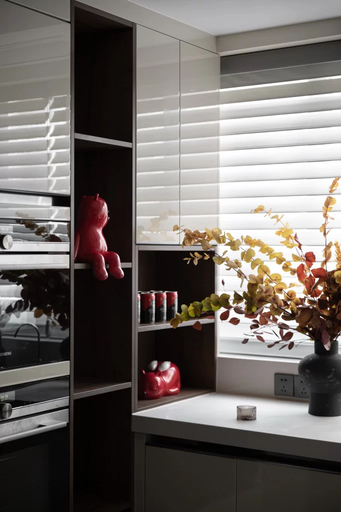 Kitchen Contemporary White Dark Wood Red Accents