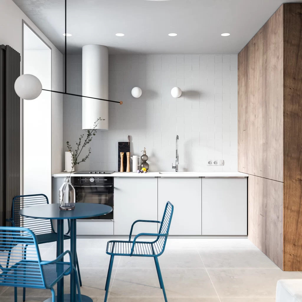 Kitchen Contemporary White Grey Wood Blue Accents