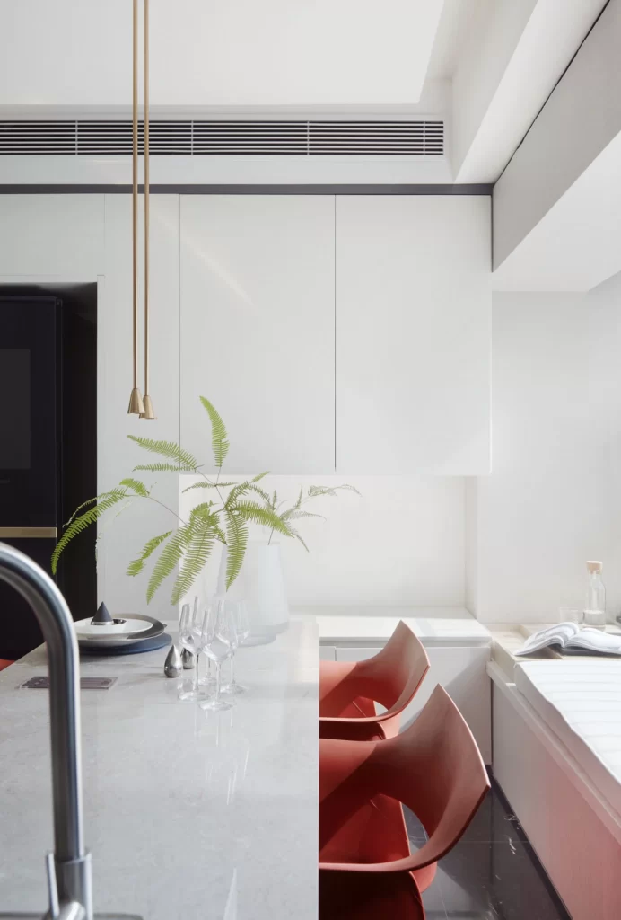Kitchen Contemporary White Minimalist Greenery Red Accents