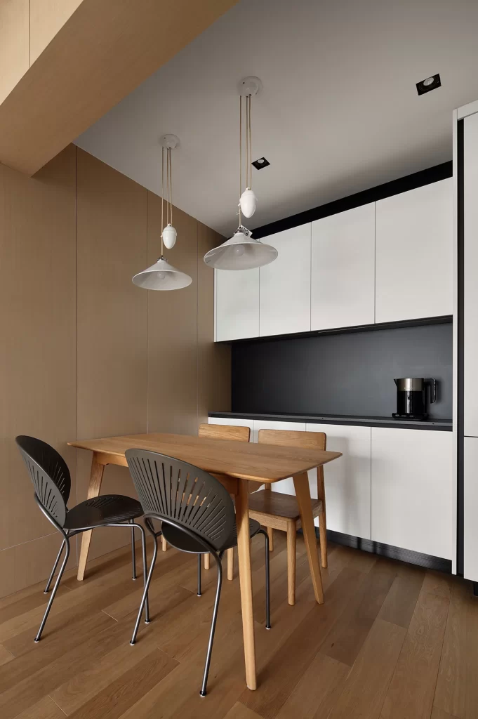 Kitchen Dining Area Contemporary Neutral Light Wood Black White