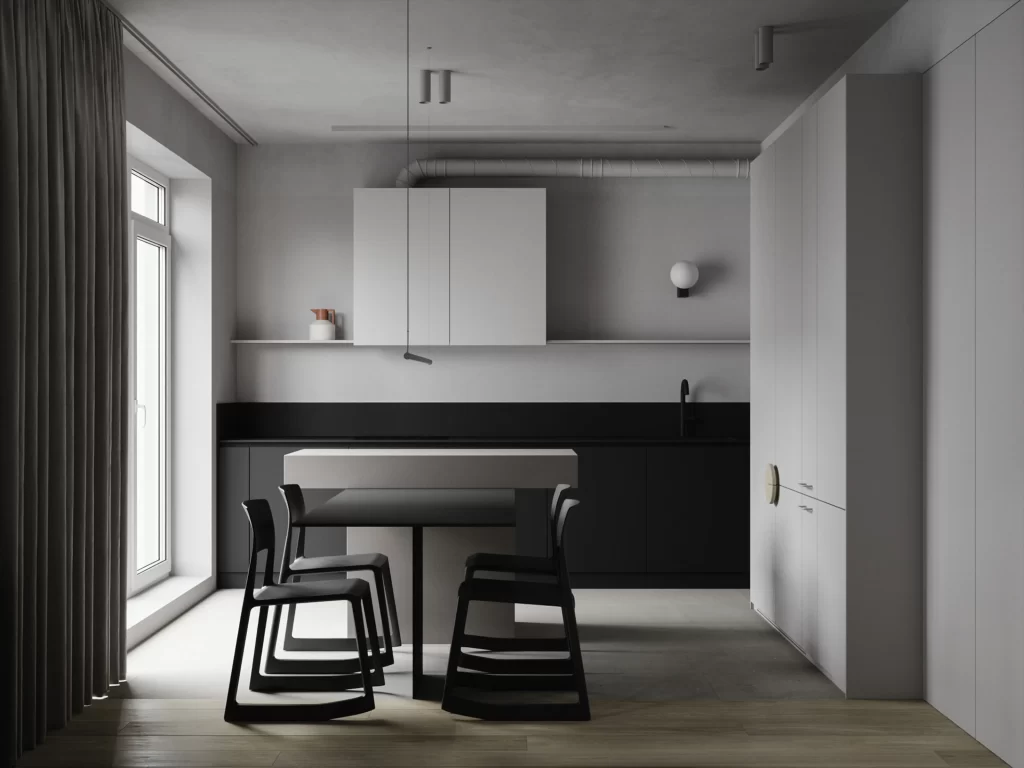 Kitchen Dining Area Monochrome Minimalist Black White Grey Industrial