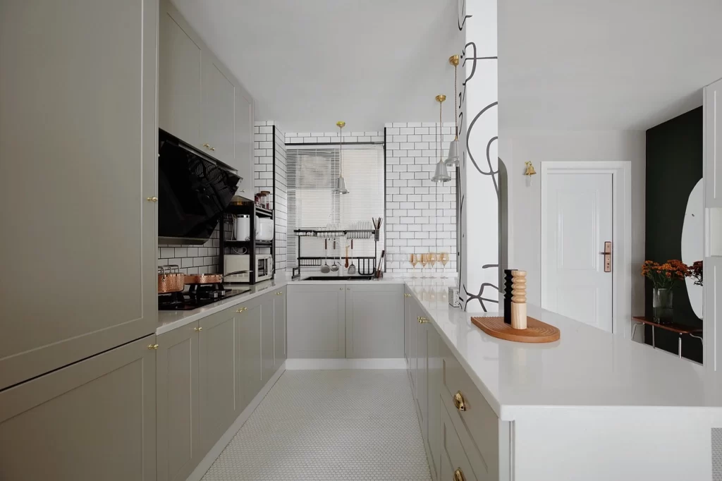 Kitchen Modern Minimalist Grey White Subway Tiles Gold Accents