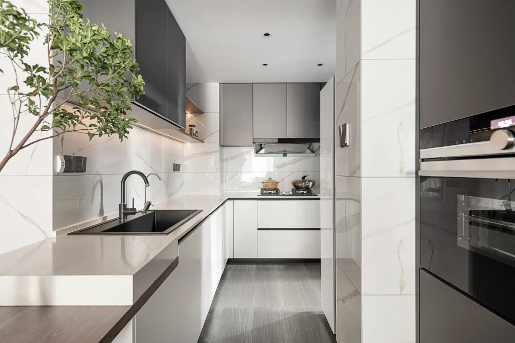 Kitchen Modern Minimalist White Gray Marble Black Appliances