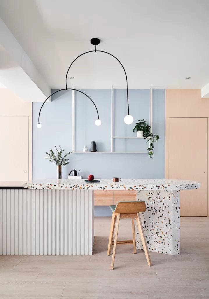 Kitchen Scandinavian Blue White Terrazzo Wood