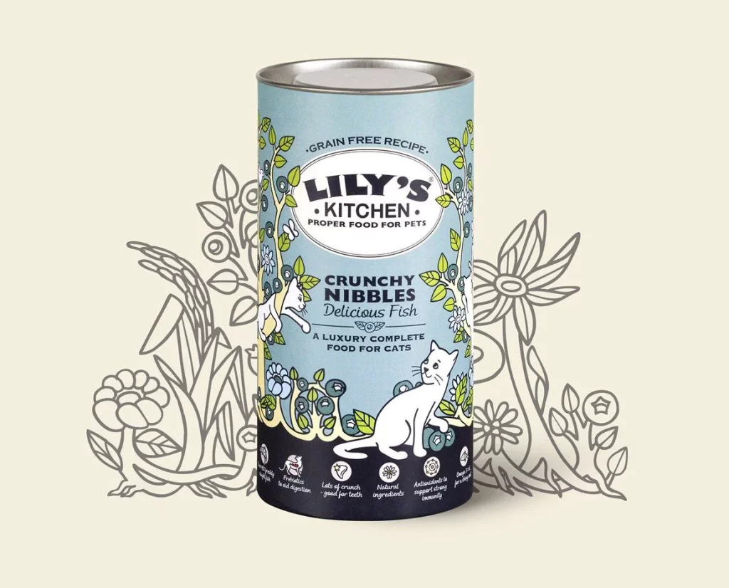 Lily’s Kitchen Cat Food Fish Crunchy Nibbles Illustration Blue Green White