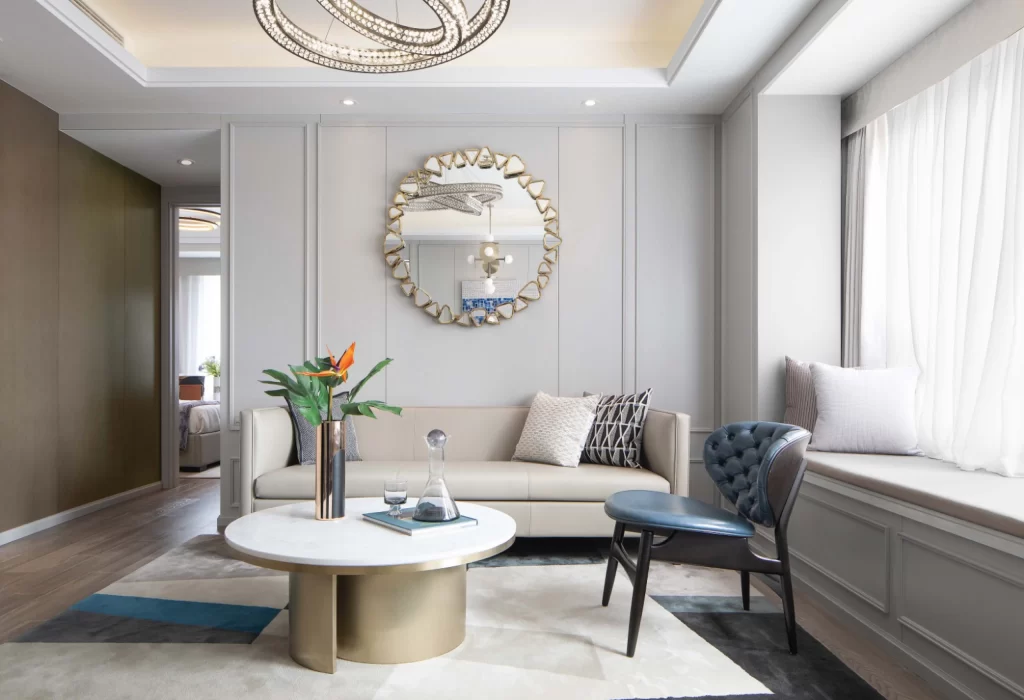 Living Room Contemporary Beige Blue Gold Accents Modern