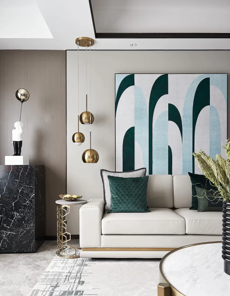 Living Room Contemporary Beige Green Gold Accents Artistic